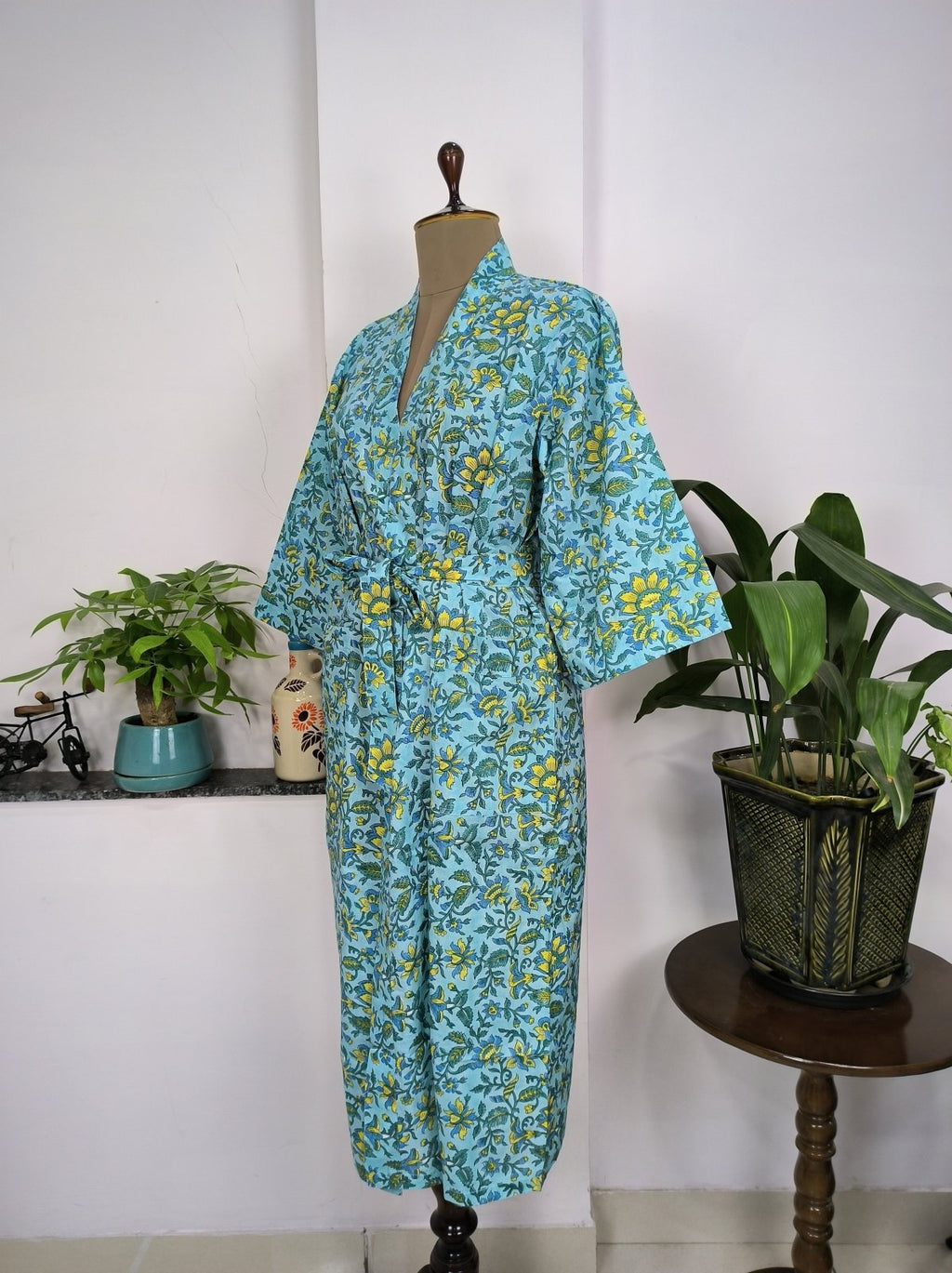 Women's block-printed Cotton Kimono Robe in mustard leaf