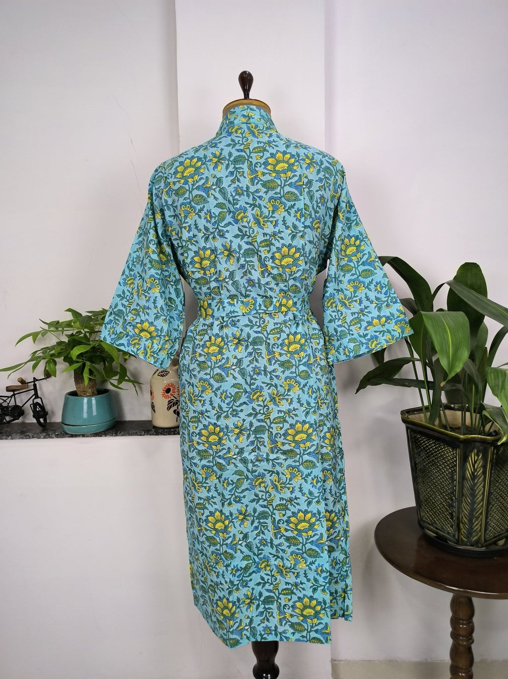 Women's block-printed Cotton Kimono Robe in mustard leaf