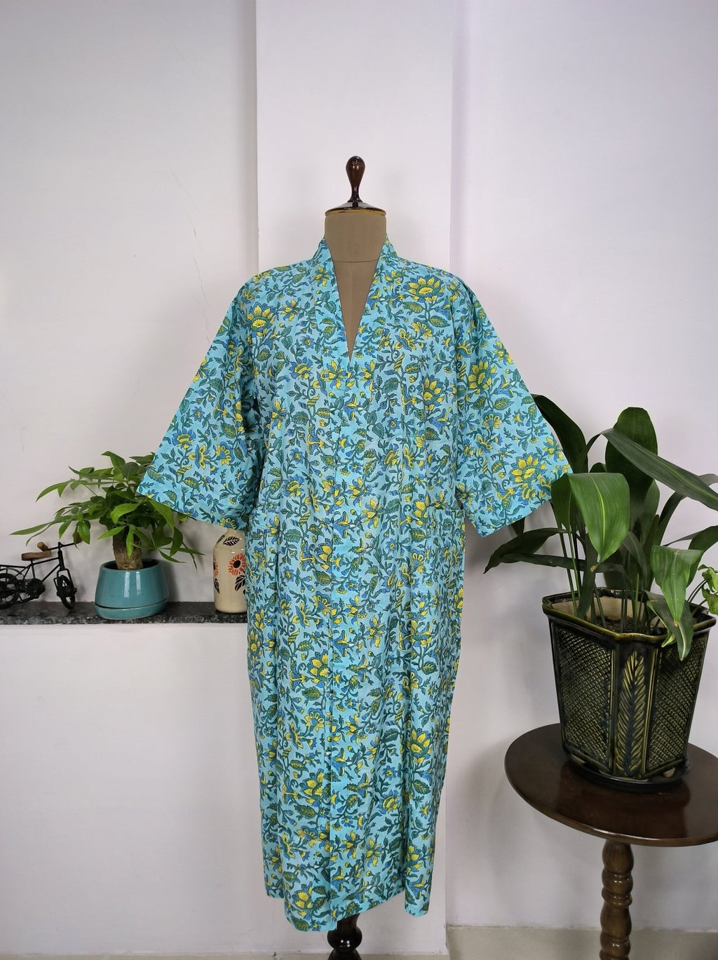 Women's block-printed Cotton Kimono Robe in mustard leaf