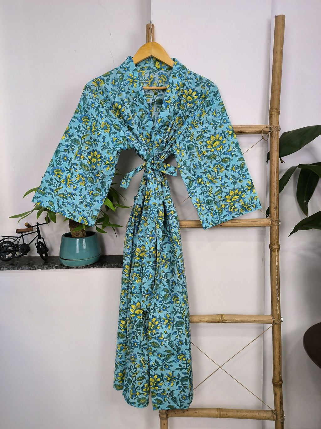 Women's block-printed Cotton Kimono Robe in mustard leaf
