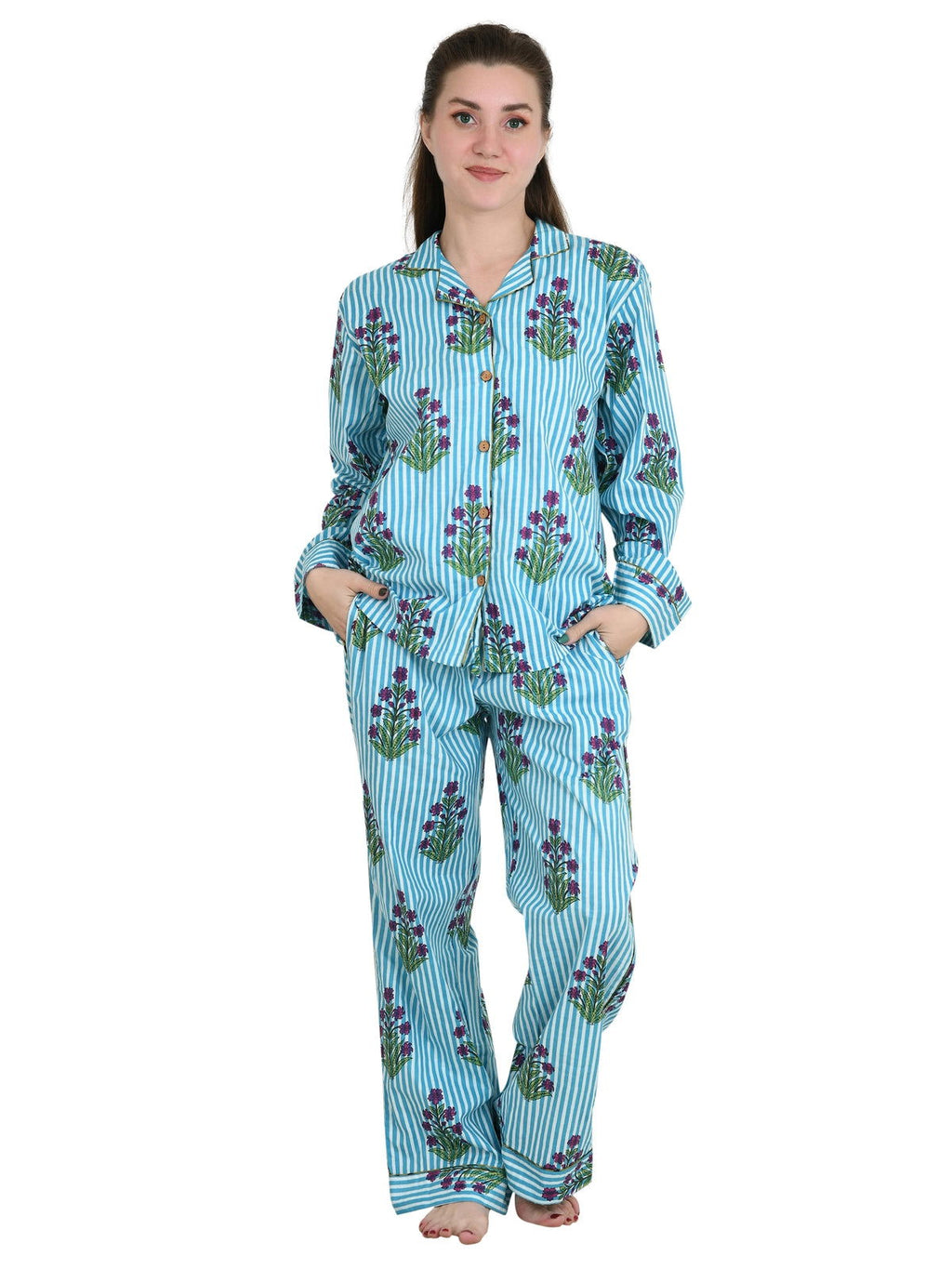 block-printed Cotton Pajama Set in striped