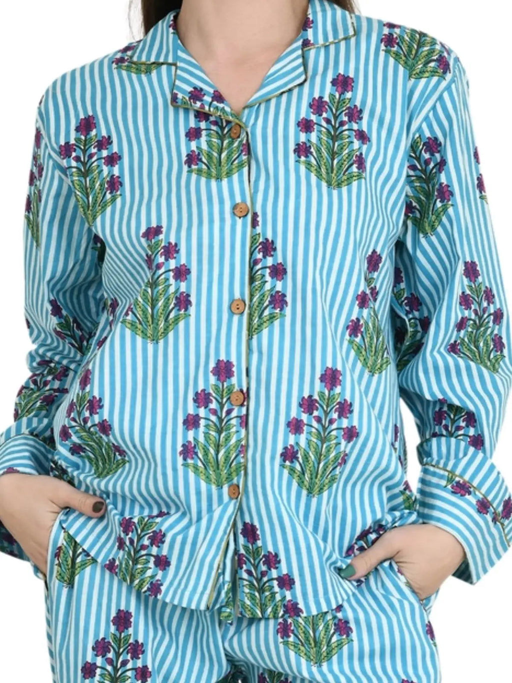 block-printed Cotton Pajama Set in striped