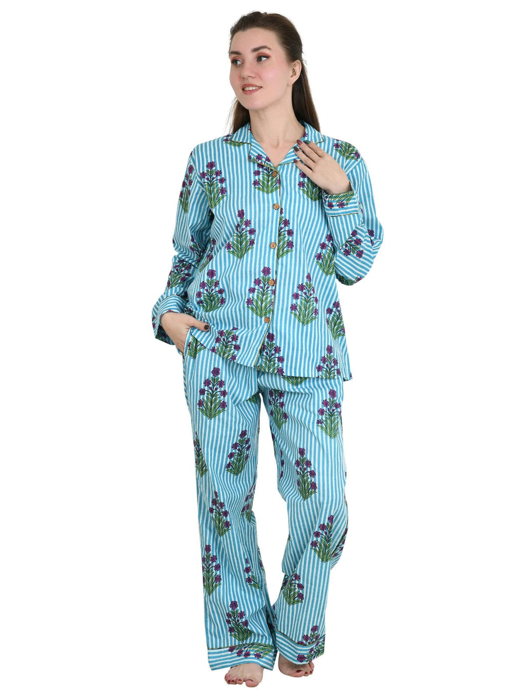 block-printed Cotton Pajama Set in striped