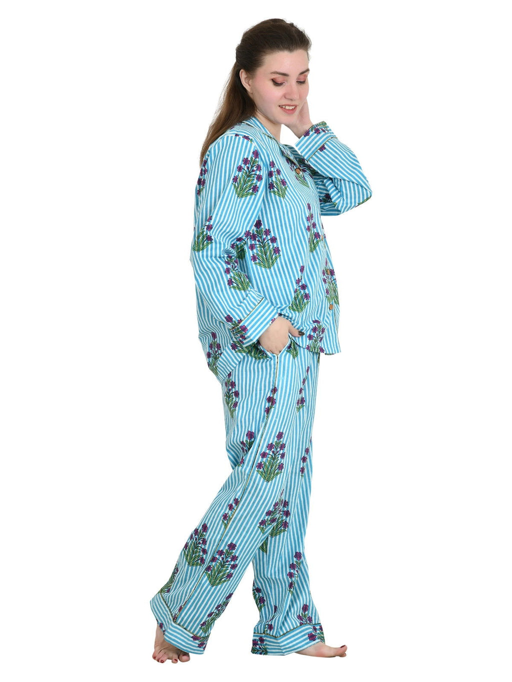 block-printed Cotton Pajama Set in striped