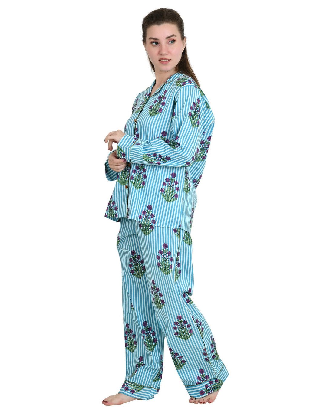 block-printed Cotton Pajama Set in striped