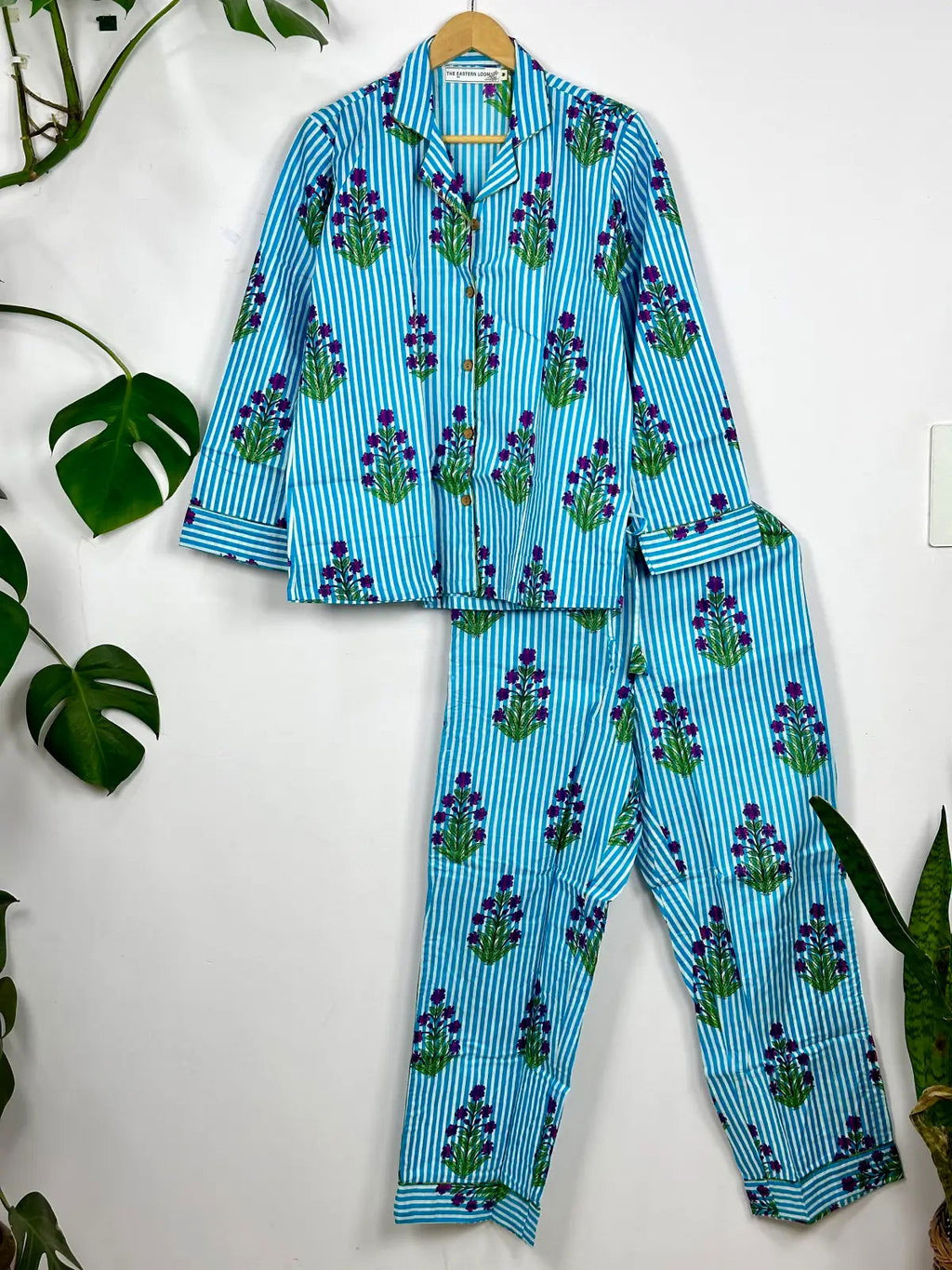 block-printed Cotton Pajama Set in striped