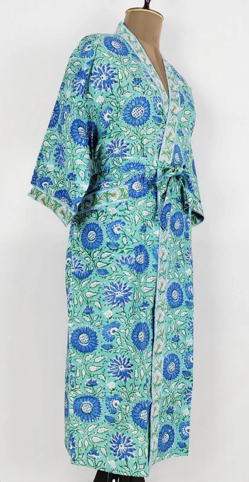 block-printed Cotton Kimono Robe in aqua green floral