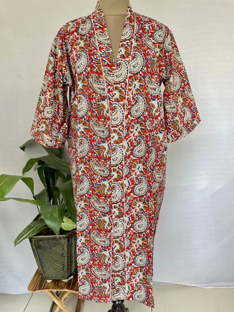 block-printed Cotton Kimono Robe in red blue paisley