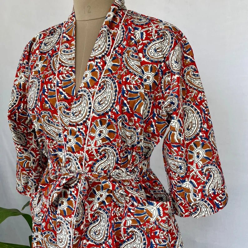 block-printed Cotton Kimono Robe in red blue paisley
