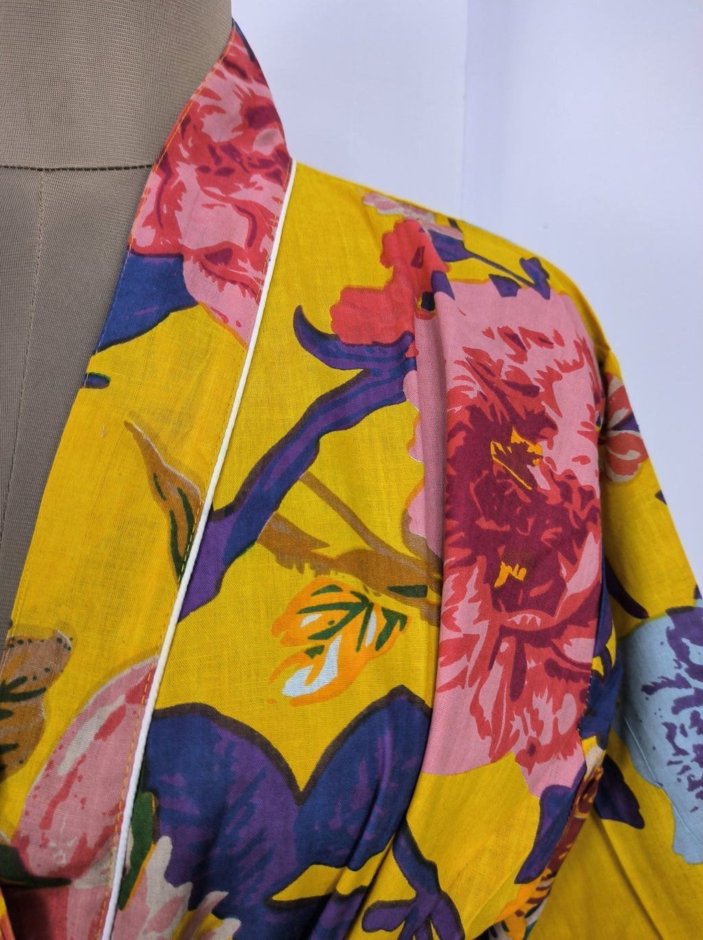 block-printed Cotton Kimono Robe in yellow
