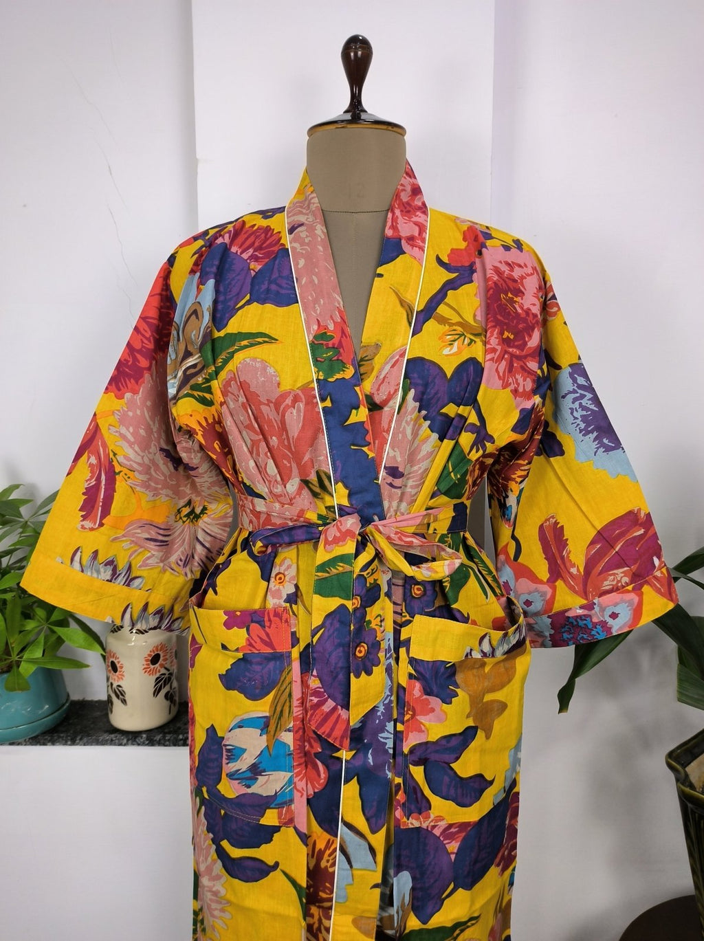 block-printed Cotton Kimono Robe in yellow