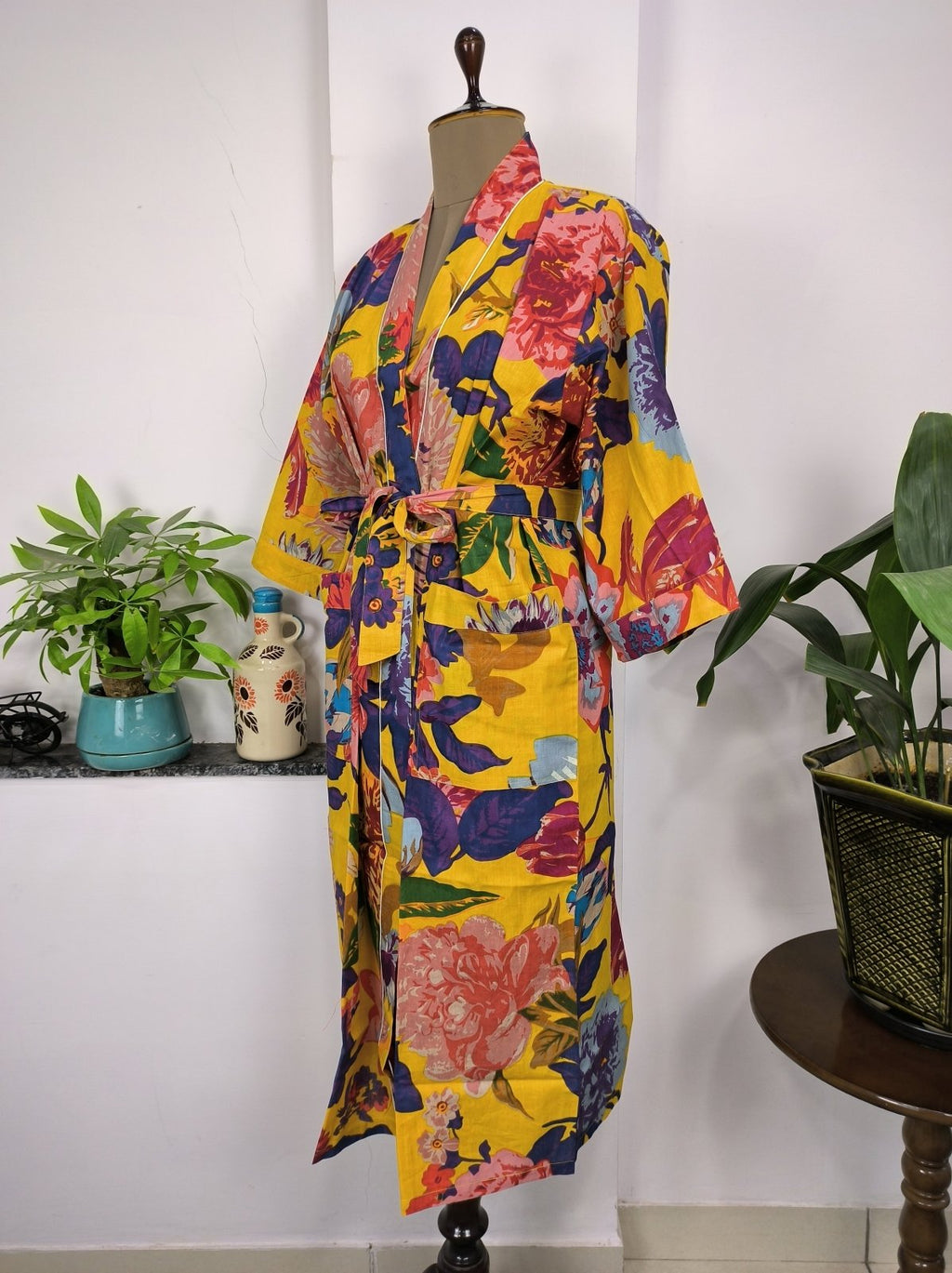 block-printed Cotton Kimono Robe in yellow