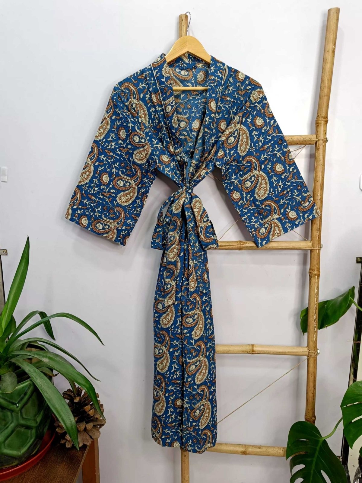block-printed Cotton Kimono Robe in blue paisley