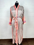Women's Recycled Silk Kimono Robe in grey red leaf