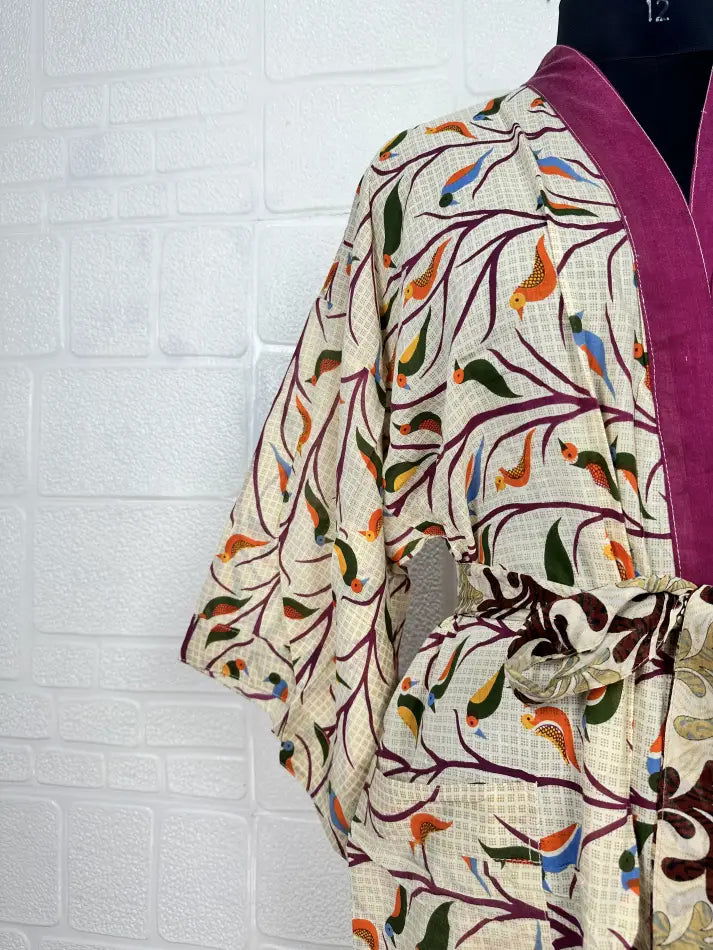 Cotton Kimono Robe in beige purple bird