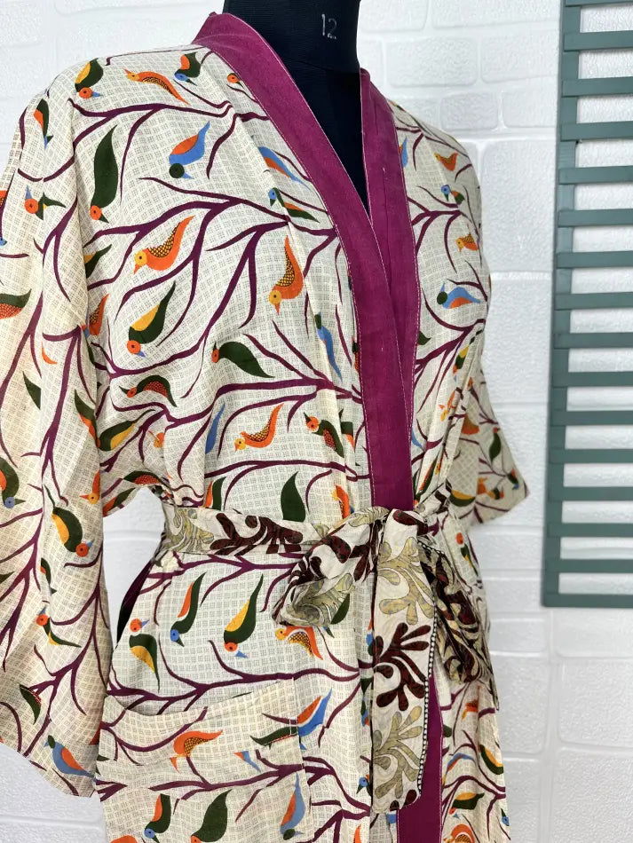 Cotton Kimono Robe in beige purple bird