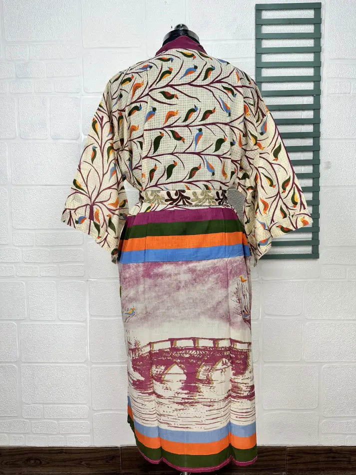 Cotton Kimono Robe in beige purple bird