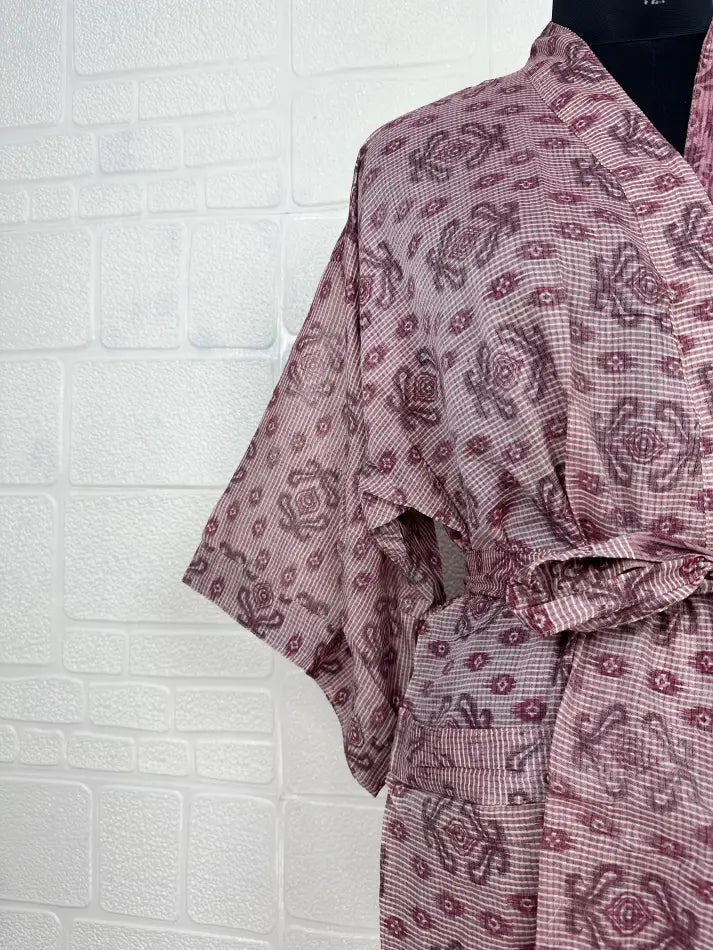 Cotton Kimono Robe in pink bird