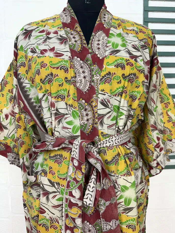 Cotton Kimono Robe in white yellow floral