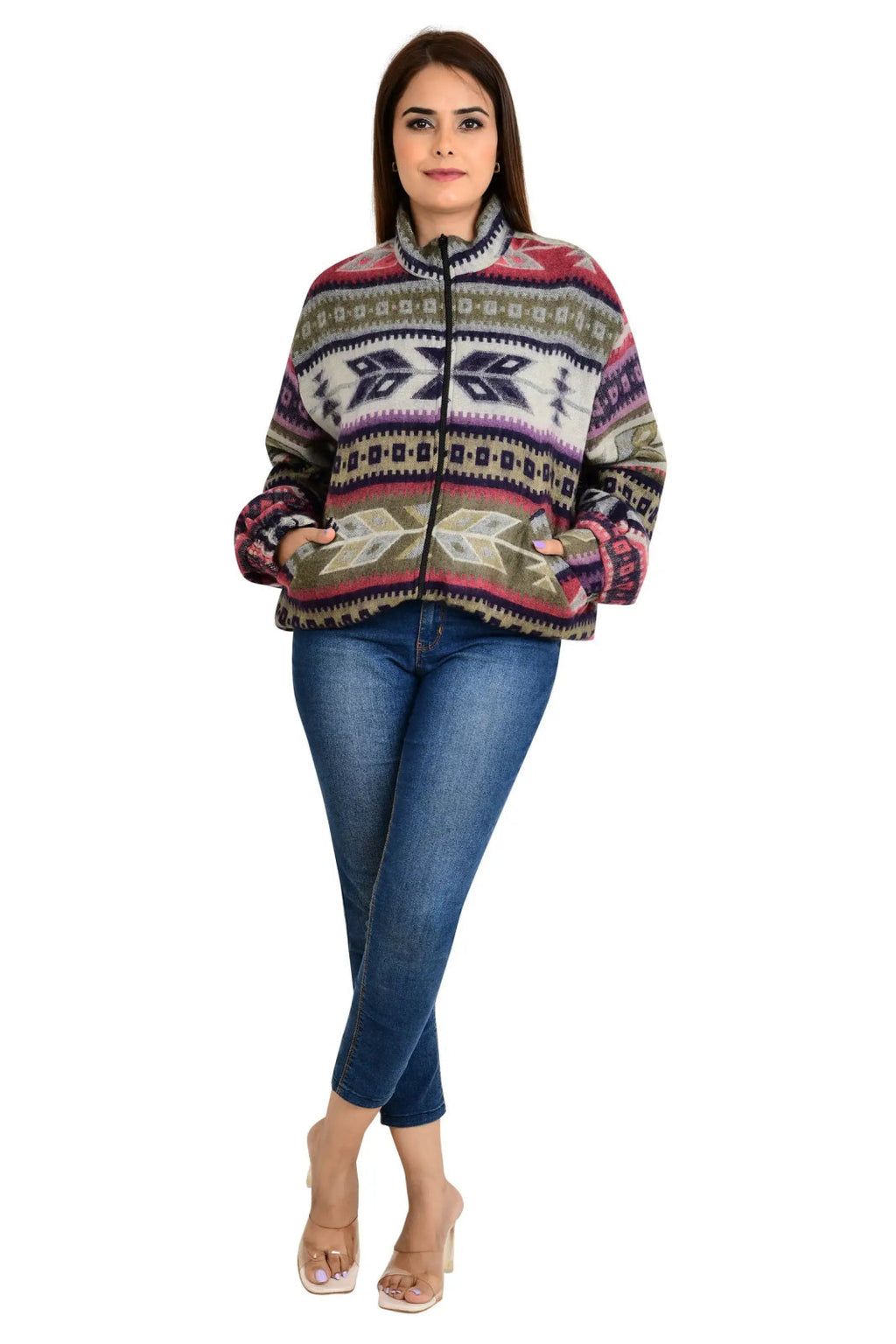Yak Wool Blend Zip Jacket in diamond with pockets