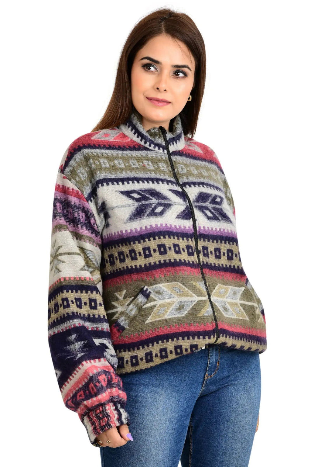 Yak Wool Blend Zip Jacket in diamond with pockets