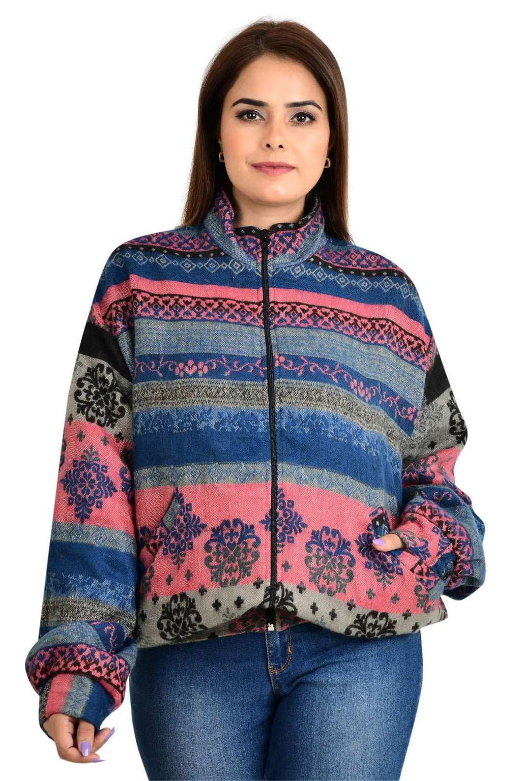 Yak Wool Blend Zip Jacket in diamond with pockets